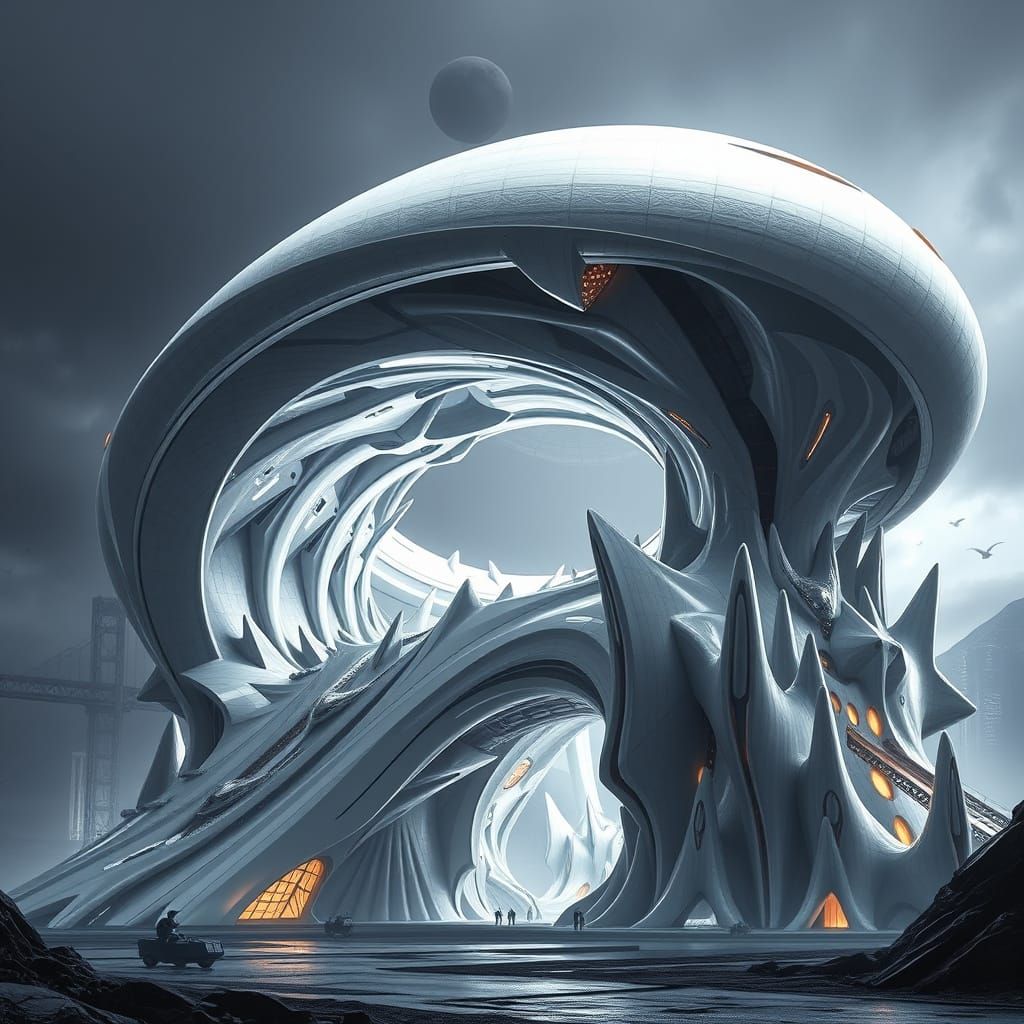 A massive structure blending organic curves with sharp angle...