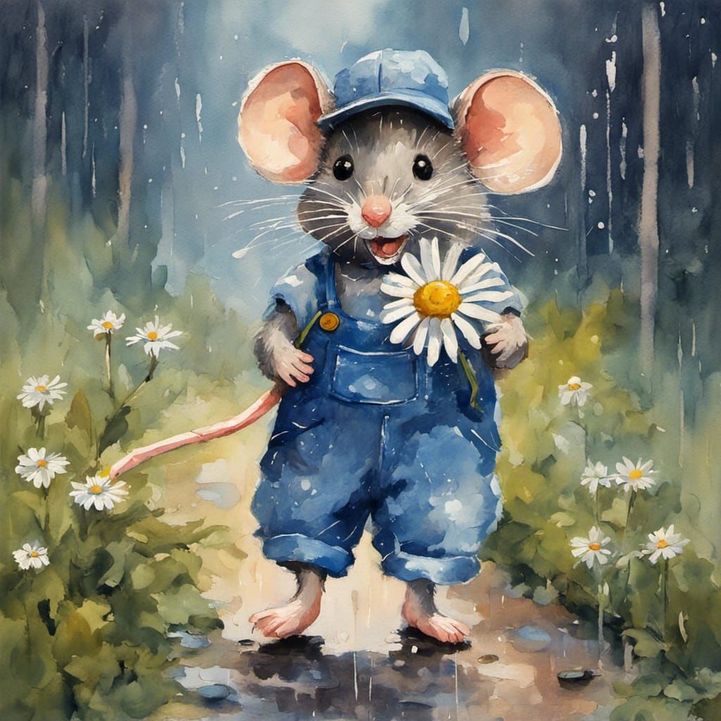 Mouse Hitchhiking in Rain: Gouache Watercolor Painting