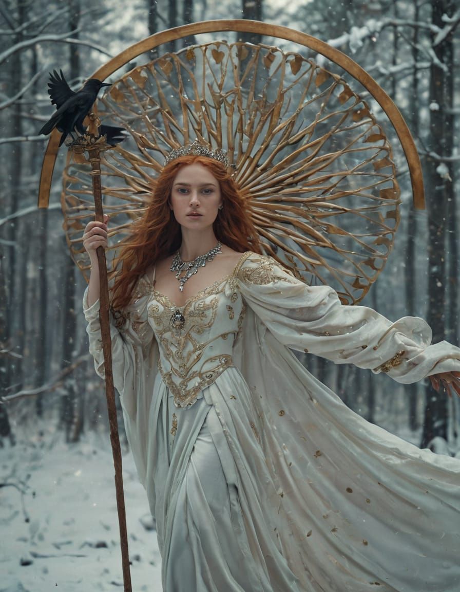 Ethereal Winter Goddess in Silky Gown with Ravens and Shield