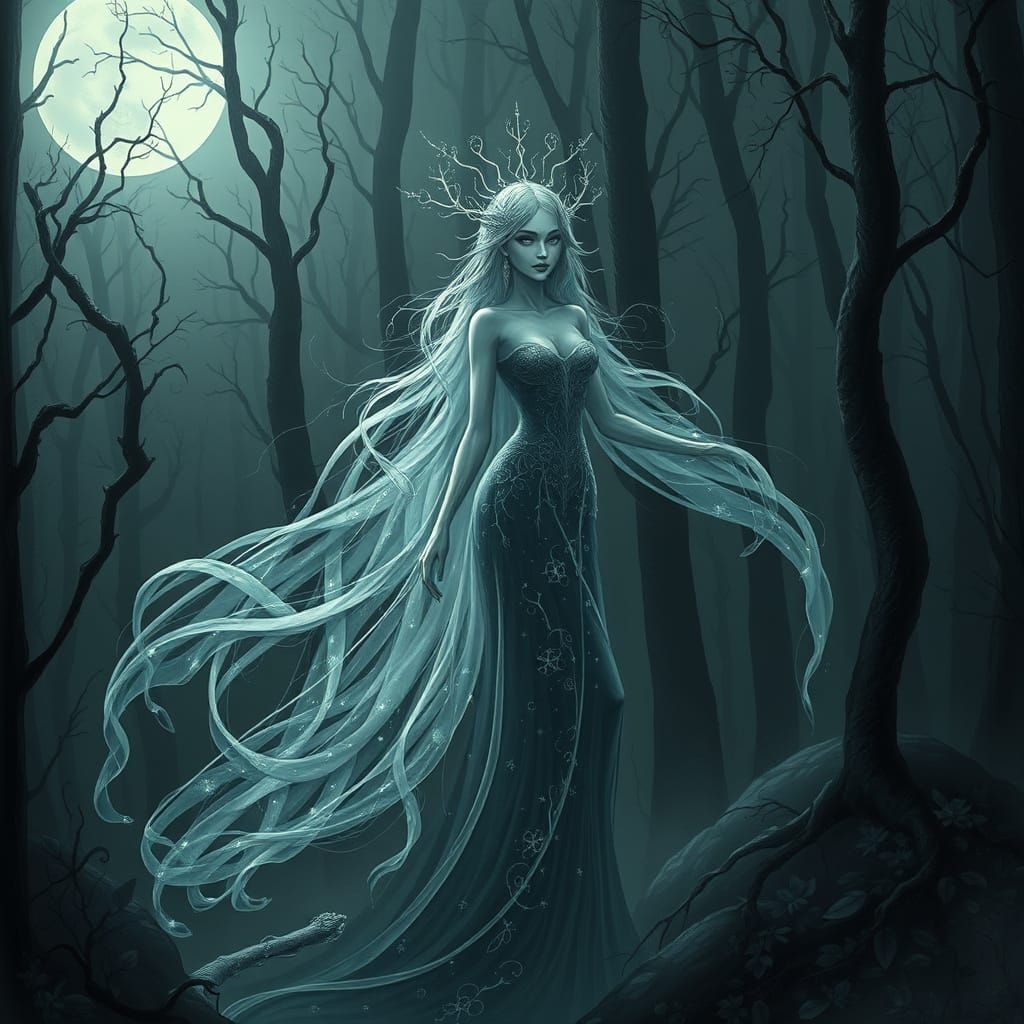 Mysterious Archfey Patron Emerge from Shadowy Moonlit Forest