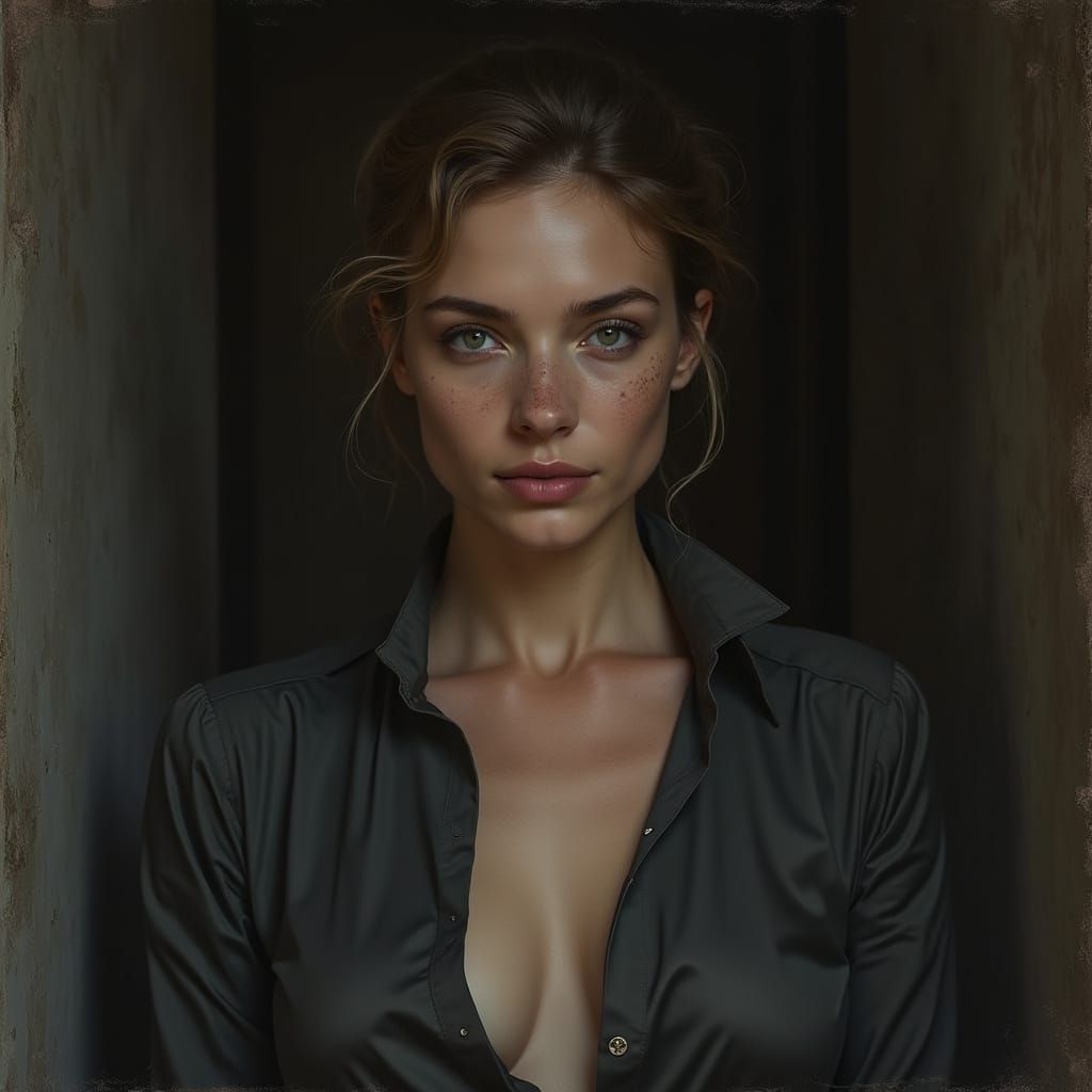 Weathered Woman in Silk Blouse: A Cinematic Portrait