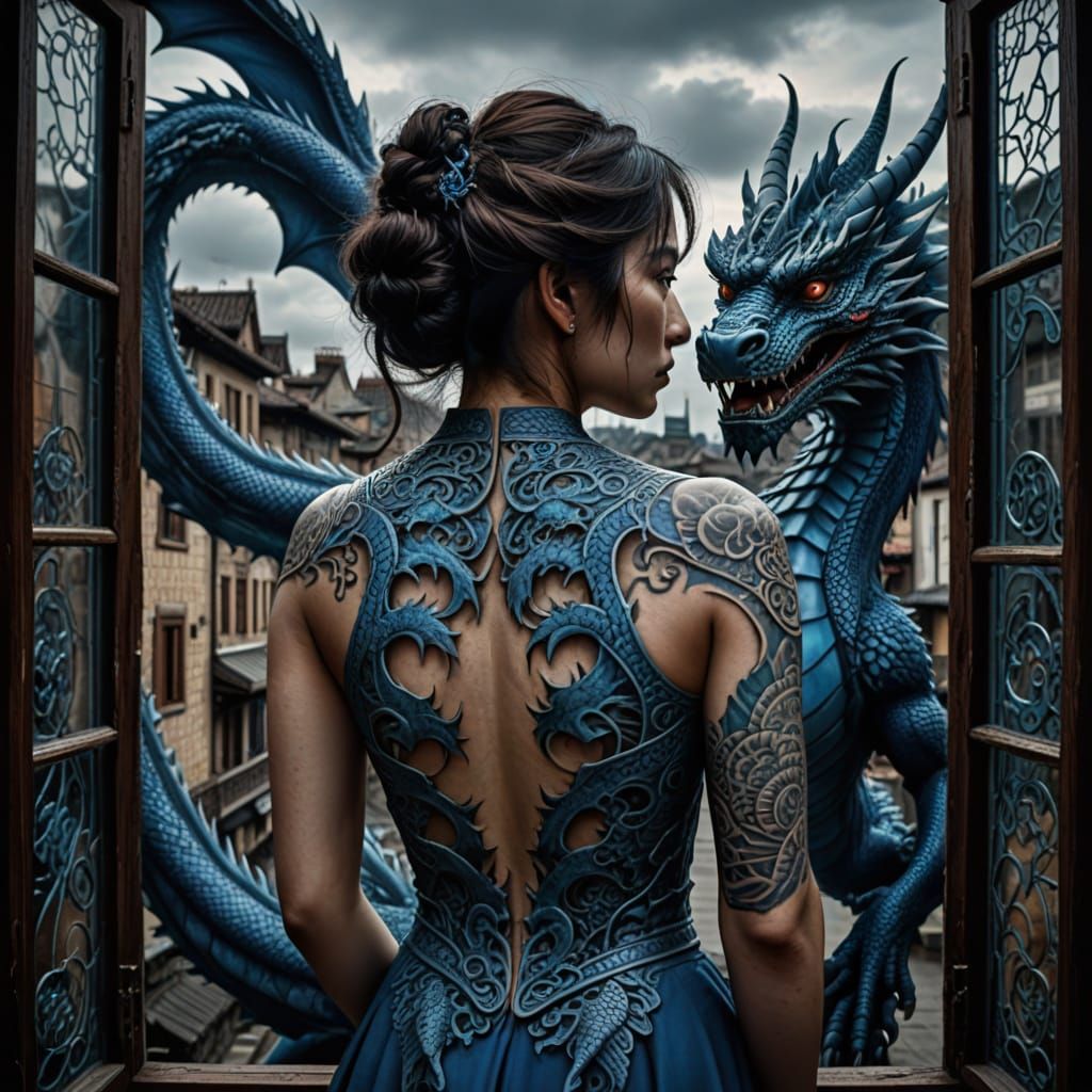 Hyperrealistic Blue Dragon Tattoo Woman in Majestic Windows