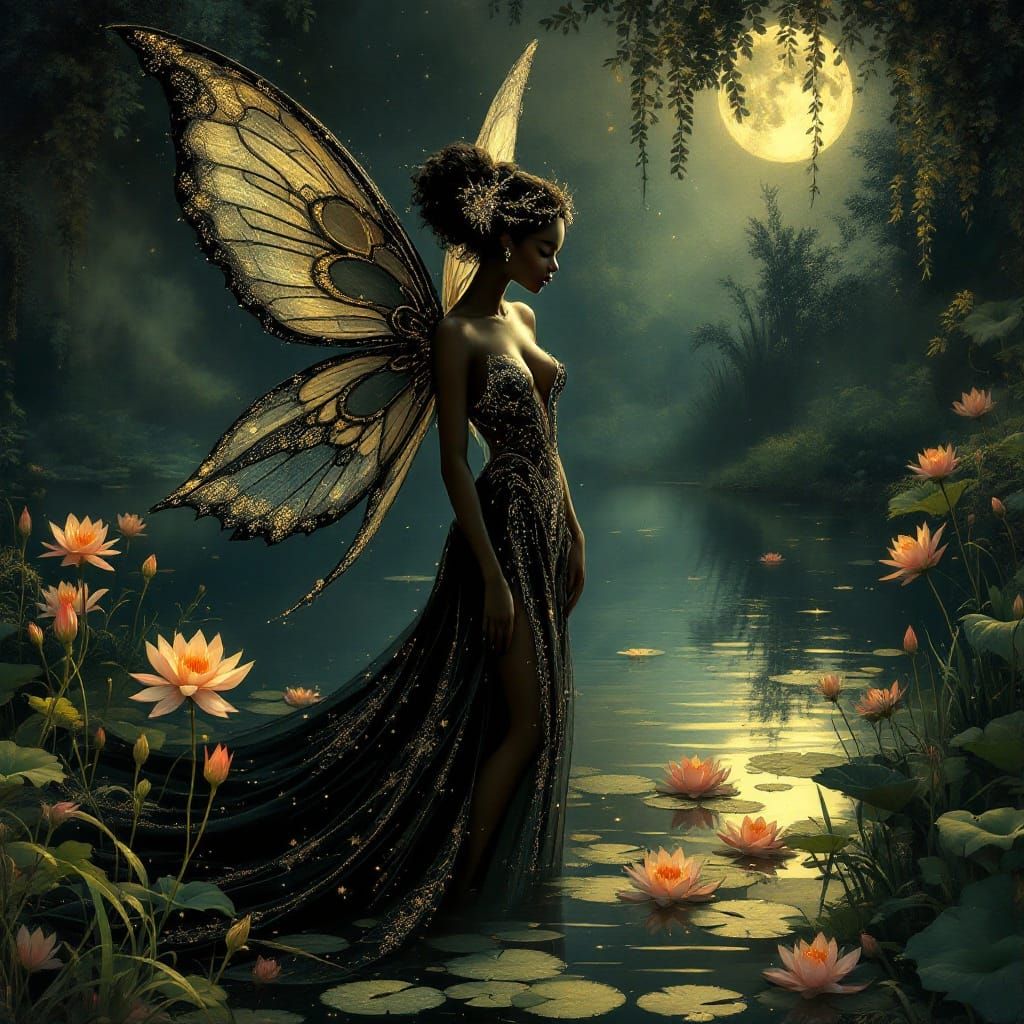 Ethereal Black Fairy in Art Deco Style