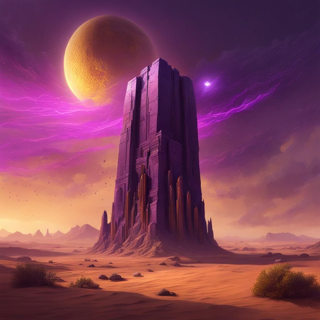 Flying Desert Monolith in Dark Fantasy Style