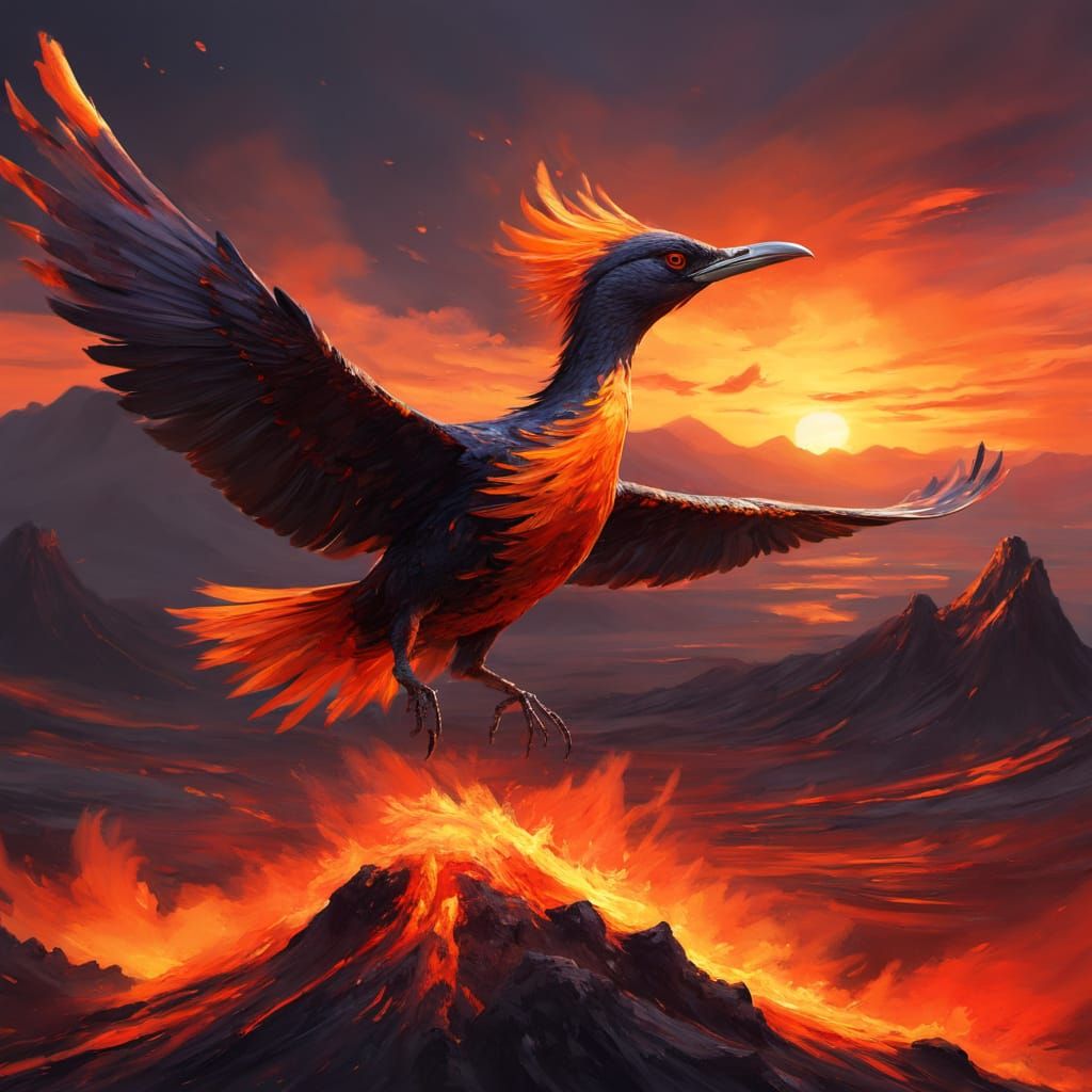 Lava Bird Soaring Over Volcano: Impressionism Style