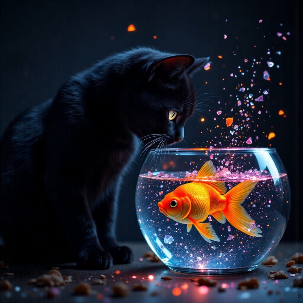 Black Cat Gazes at Glowing Goldfish in Surreal Crystal Bowl