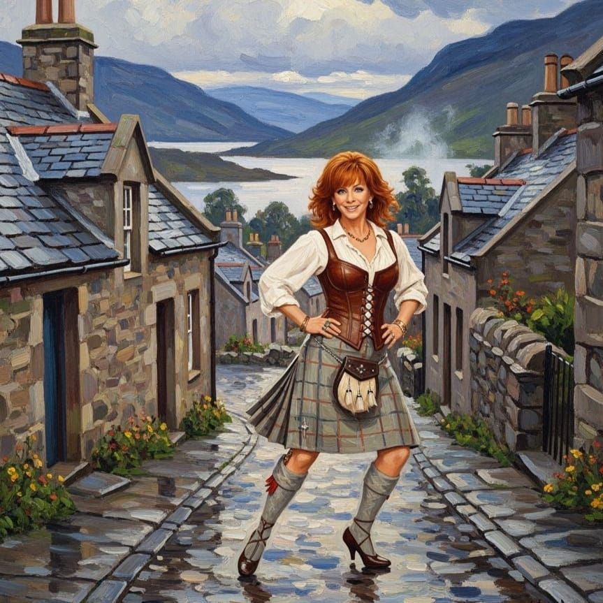 Reba McEntire in Scottish Village, Impressionist Oil Paintin...