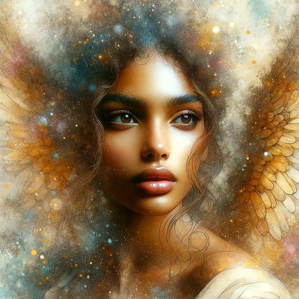 Heavenly Goddess with Golden Wings in Watercolour Spring Daw...