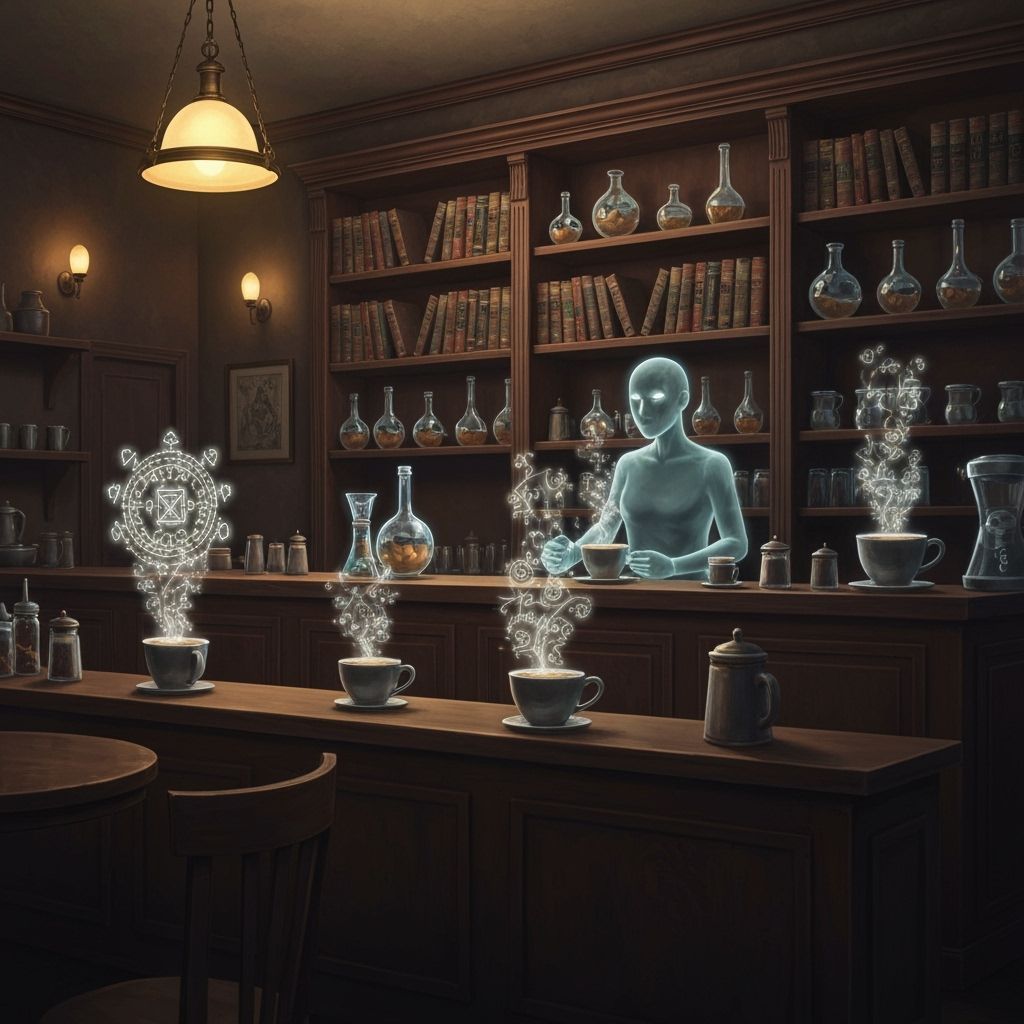 Magical Cafe with Glowing Sigils and Spectral Barista