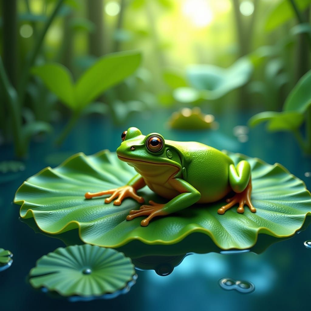 Hyperrealistic Frog on Lily Pad in Tranquil Pond