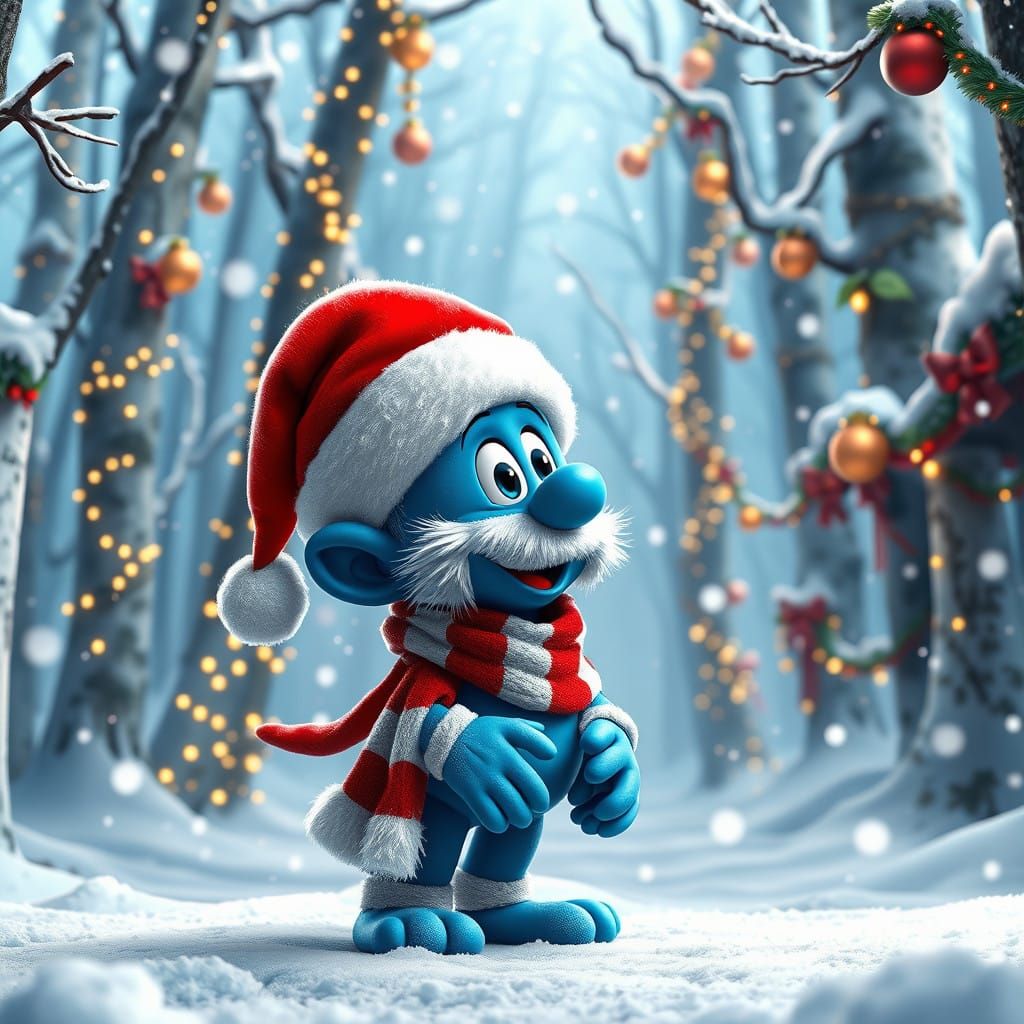 Vibrant Winter Smurf in a Whimsical Snowy Scene