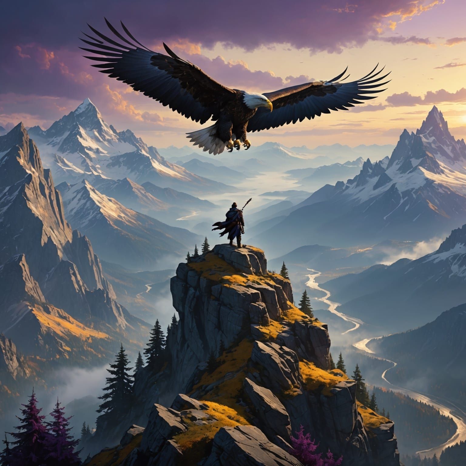 Eagle Soaring Over Misty Mountain: Dark Fantasy Art