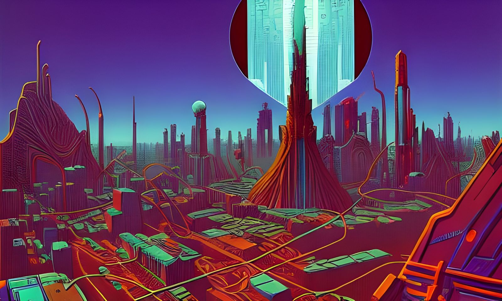 Virus City Painting in Retro Sci-Fi Style