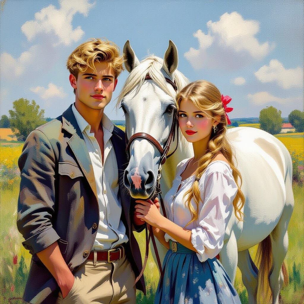 Blond Friends with White Horse in Impressionist Style