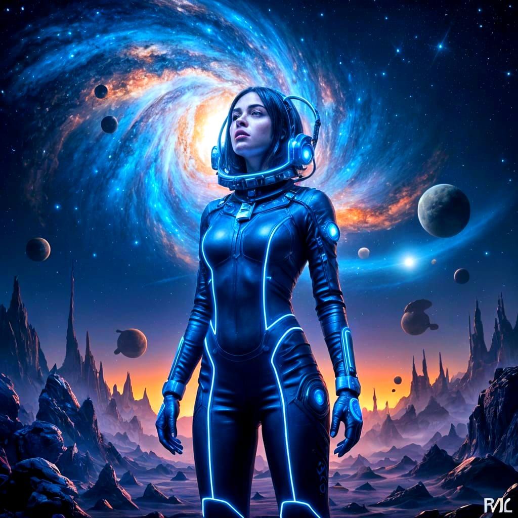 Woman on Alien Planet in Futuristic Spacesuit
