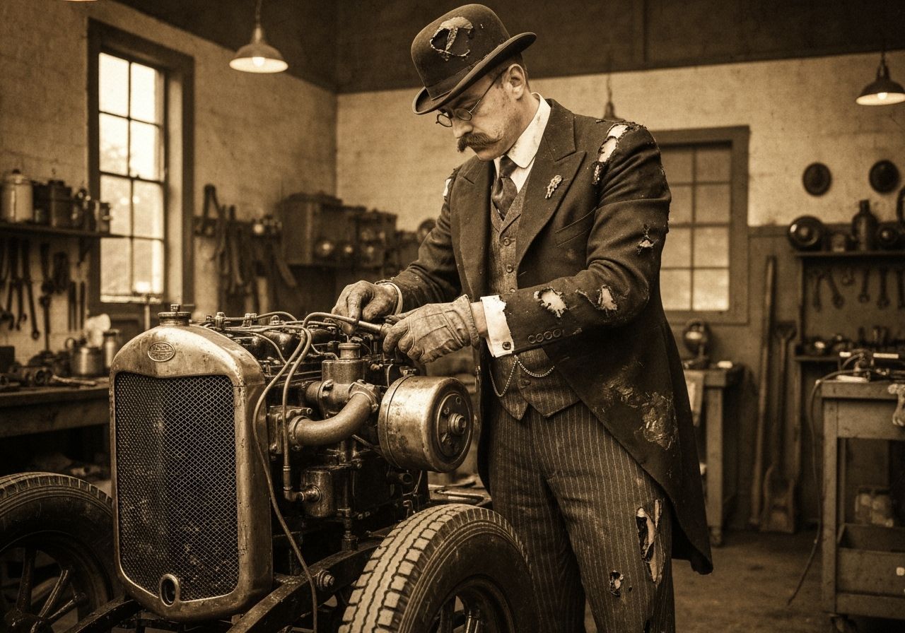 Edwardian Gentleman Repairs Motorcar Engine in Sepia