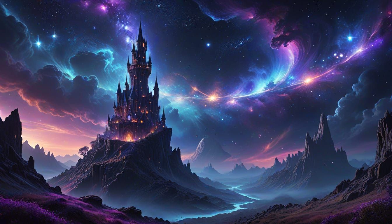 Floating Wizard Tower Under Galactic Rim