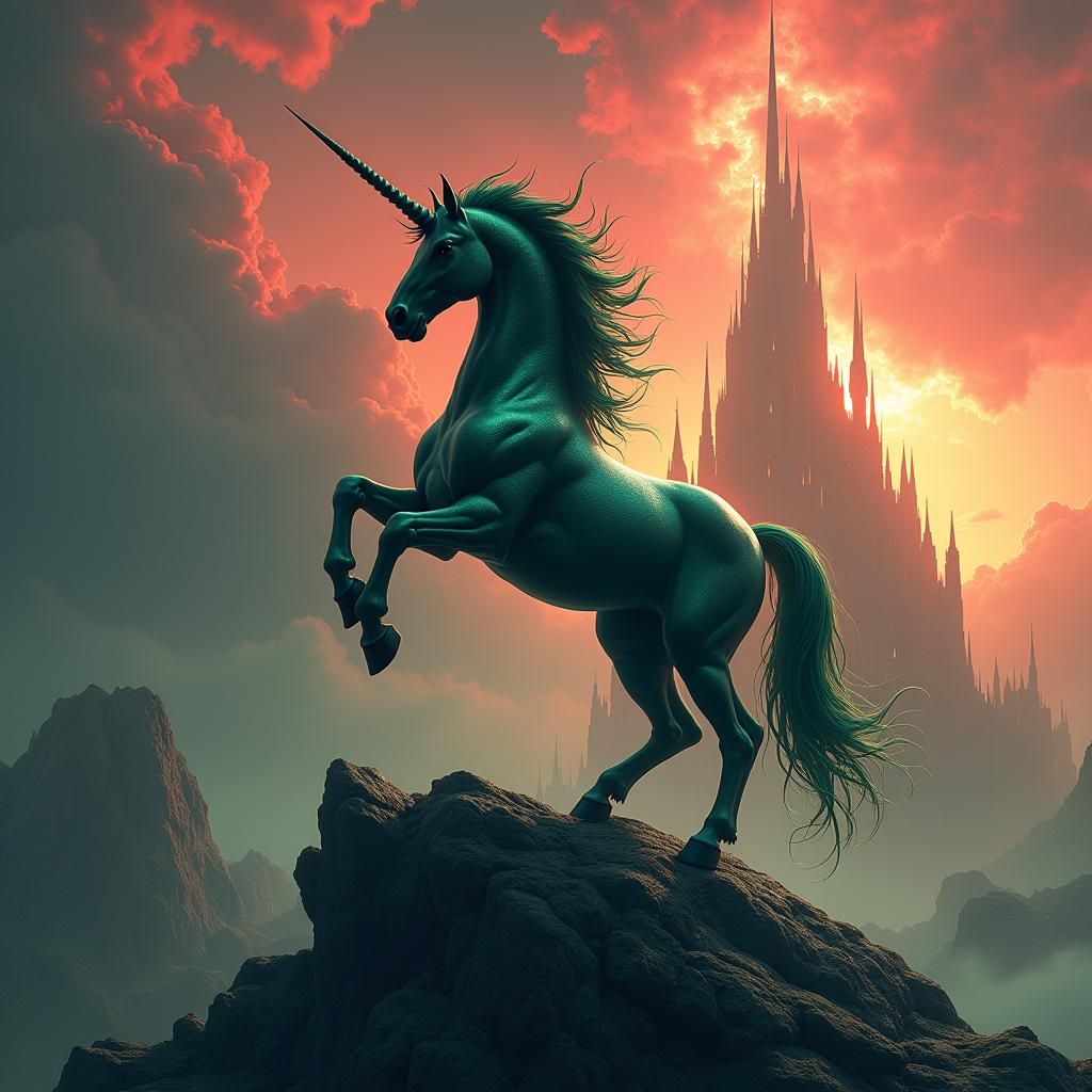 Green Unicorn on Alien Planet in Cyberpunk Style