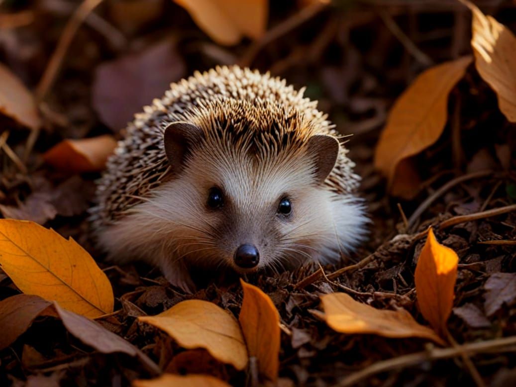 Cute Hedgehog Playing in Autumn Leaves