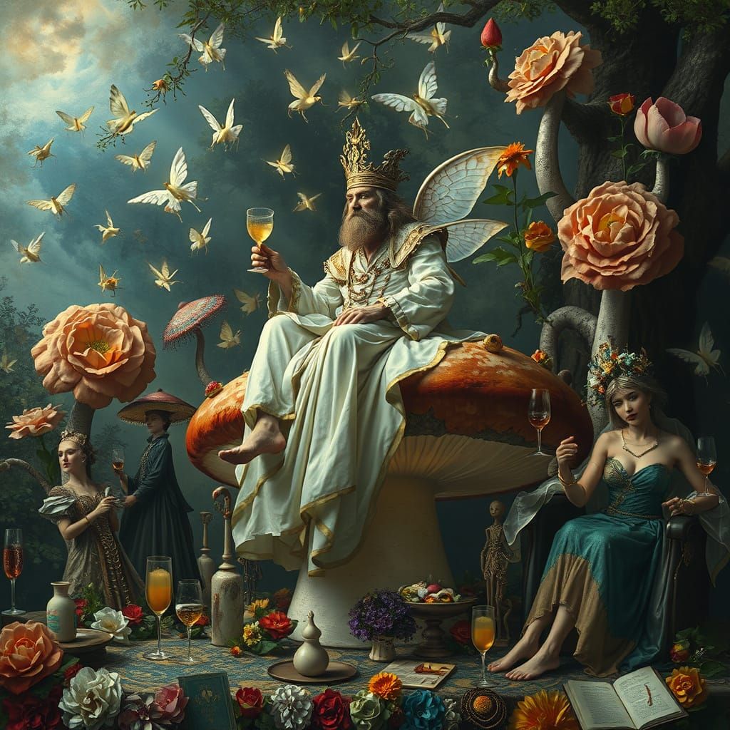 Surreal Garden Party with Weathered Prince, Klimt Aesthetic