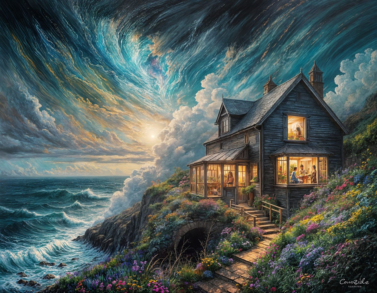 Ethereal Hyperrealistic Landscape with Iridescent Glass Art