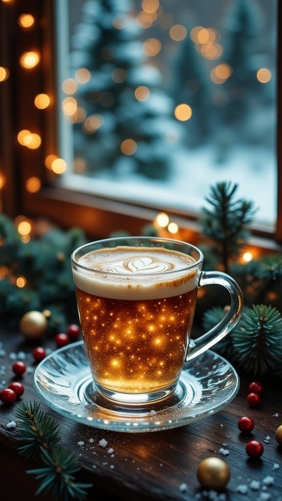 <lora:mystic flux:1.0> A clear large glass coffee mug filled...