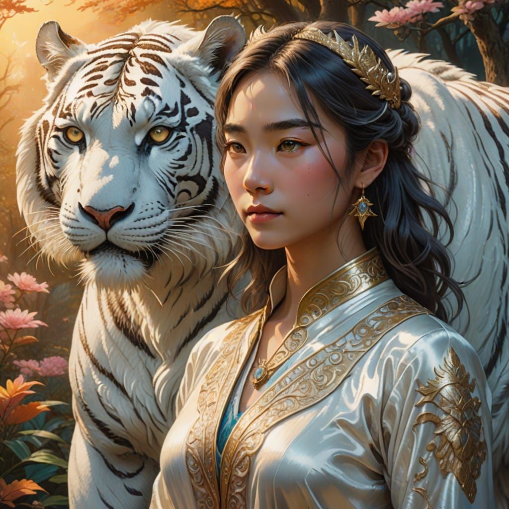 Mythical White Tiger-Dragon in Miyazaki-Inspired Digital Art
