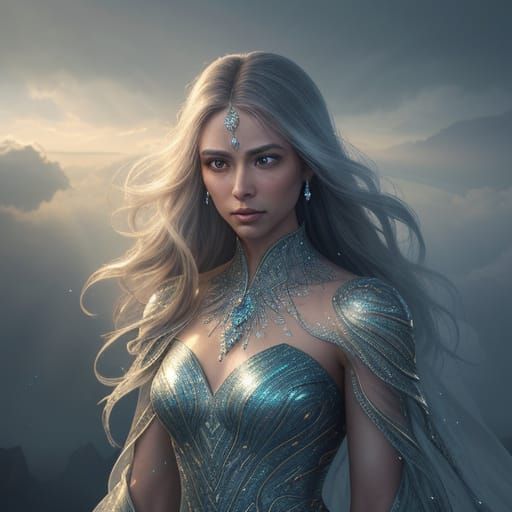 Celestial Frost Goddess in Elysian Landscape