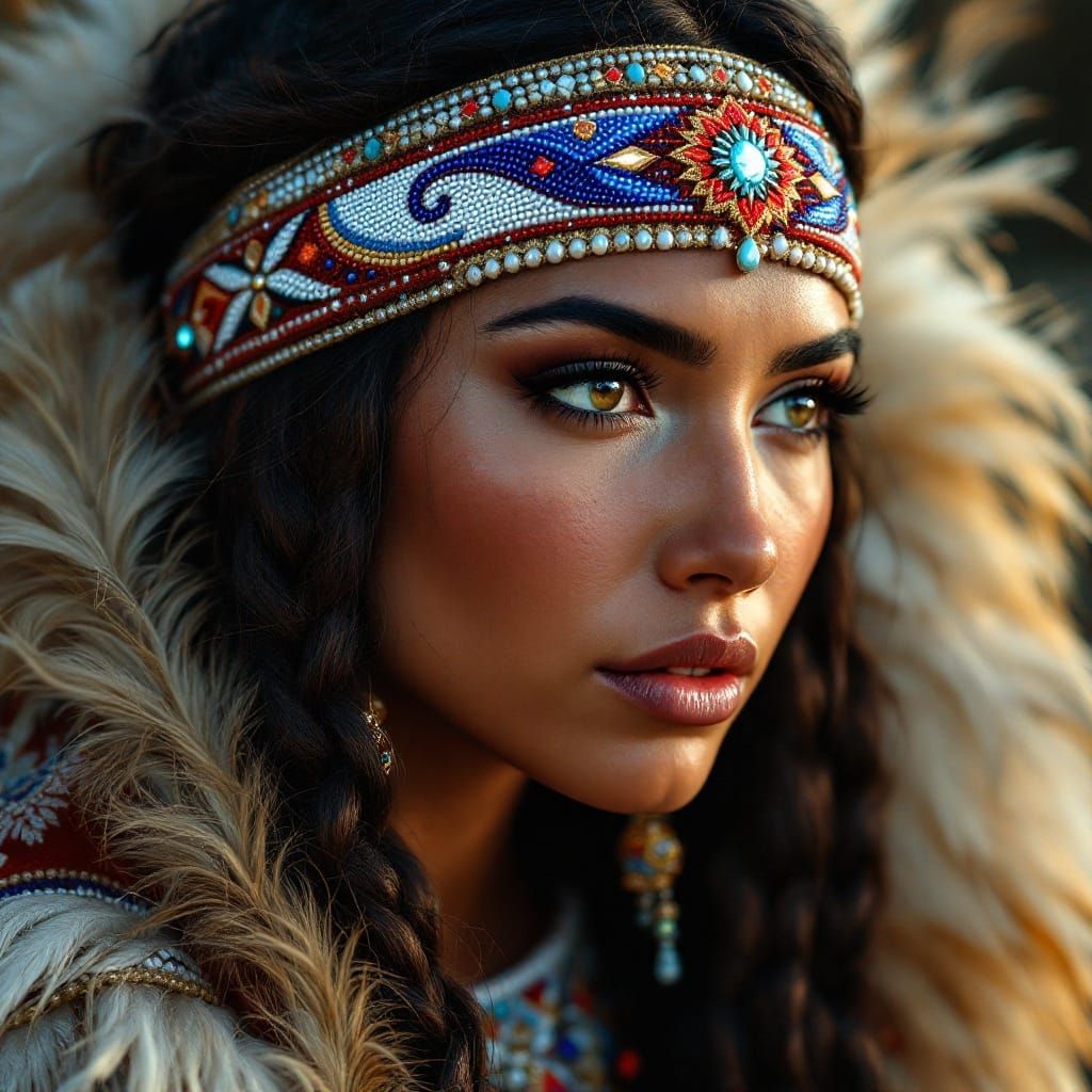 Native American Woman in Traditional Attire with Intricate H...