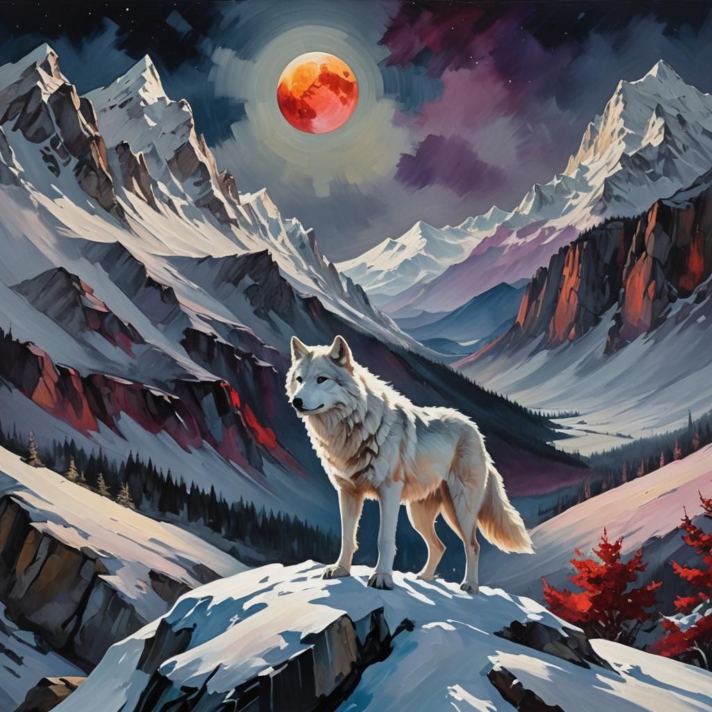 White Wolf on Snowy Peak Under Red Moon