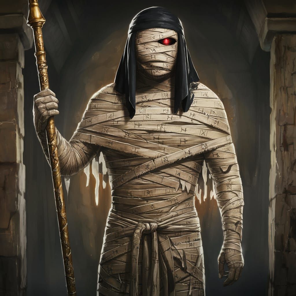 A mummy with a black head-dress and a golden staff. The eye ...