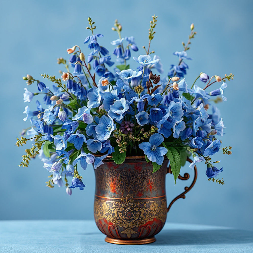 Bluebell Bouquet in Ornate Vase, Watercolour Art