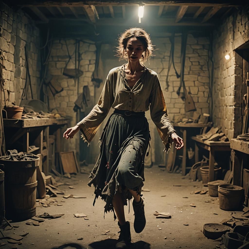 Emaciated Woman Spinning in Cellar: Cinematic Film Still