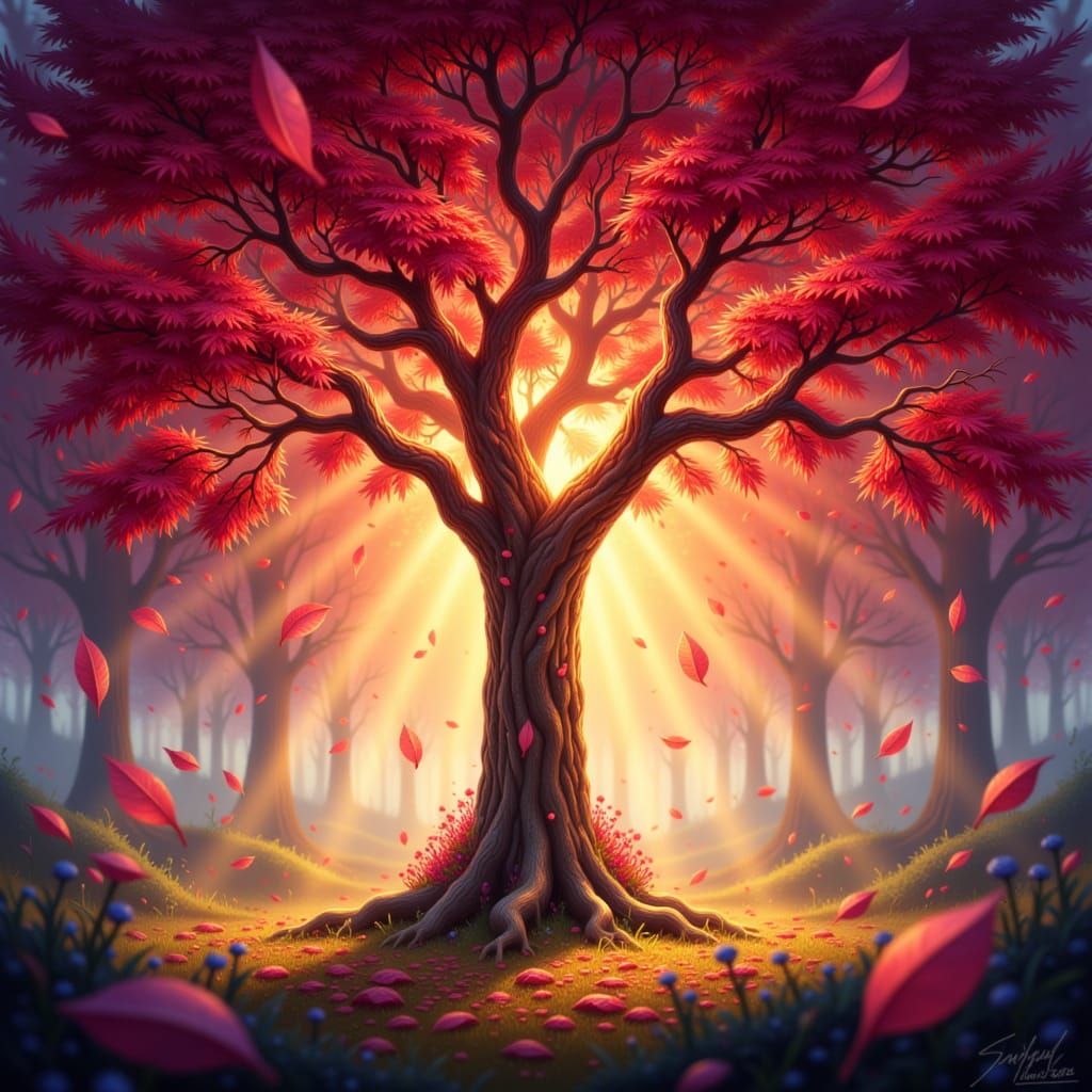 Vibrant Red and Gold Leaves Falling in Golden Hour Light