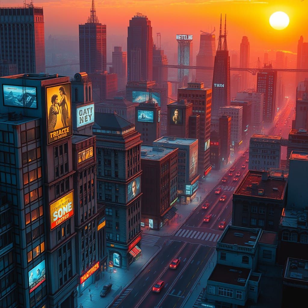 Retro-Futuristic Cityscape at Sunset