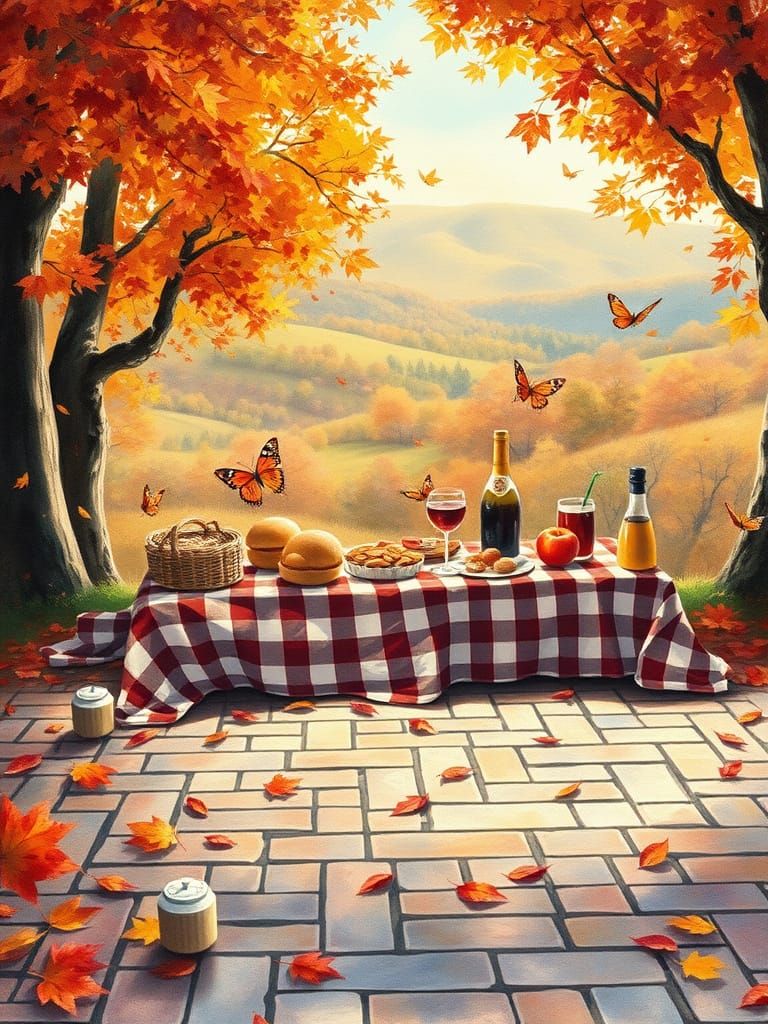 Cozy Autumn Picnic Scene in Vibrant Watercolor Style