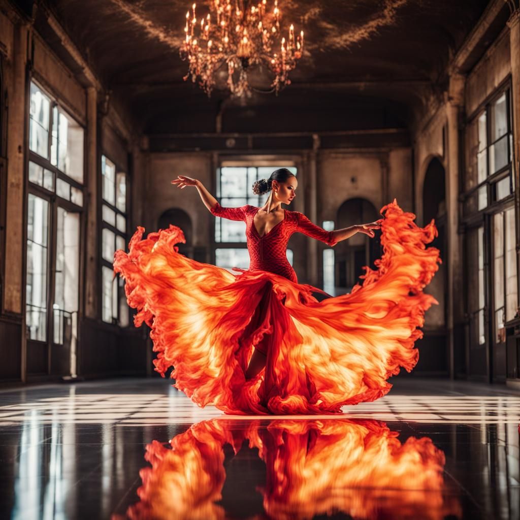 Flamenco Dancer in Dress of Flames on Glass