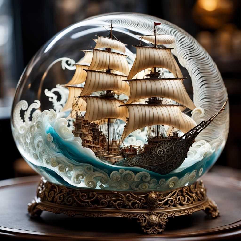 Ornate Crystal Seashell with Pirate Ship Inside
