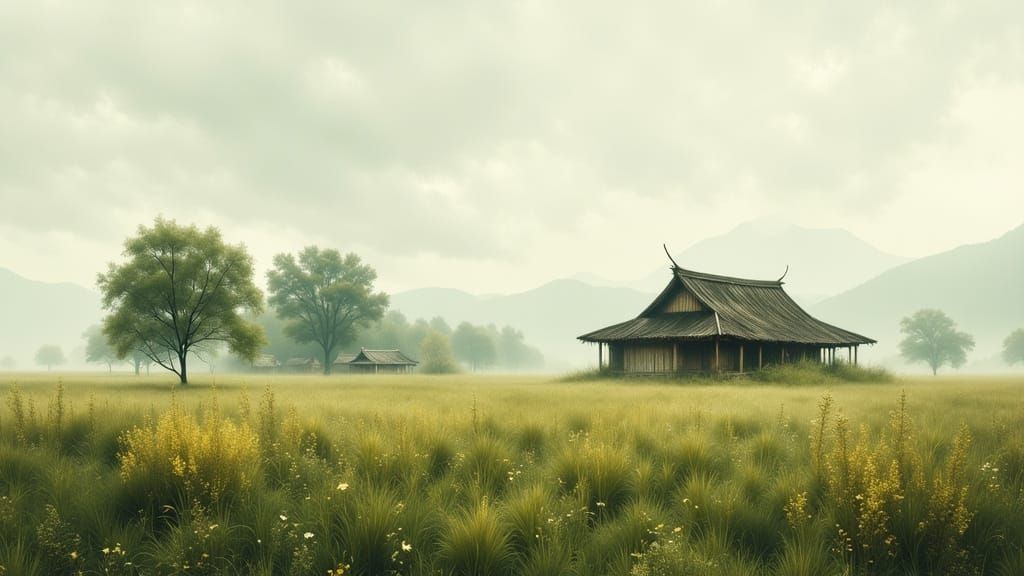Solitary Chinese Farmhouse in Misty Meadow