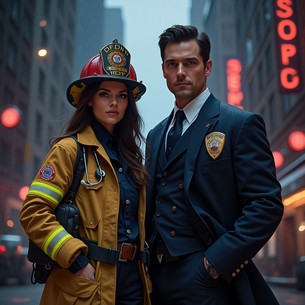 Hyperrealistic Firefighter and Detective in Rainy New York
