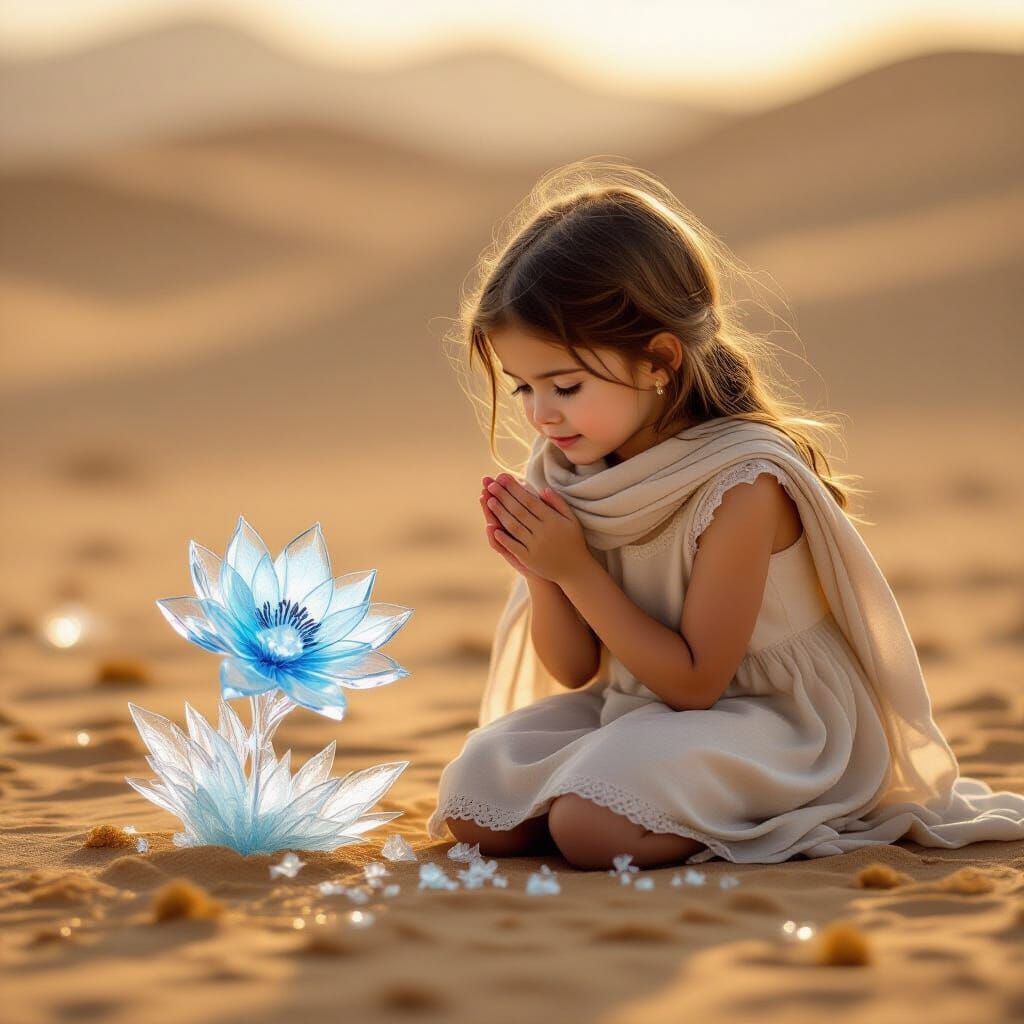 Girl Protects Ice Flower in Desert Oasis