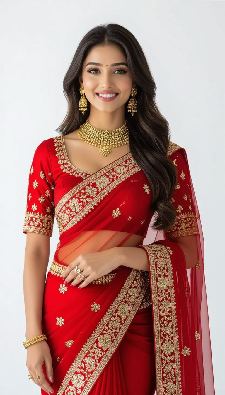 Stunning Indian Woman in Red Saree: High-Fashion Portrait