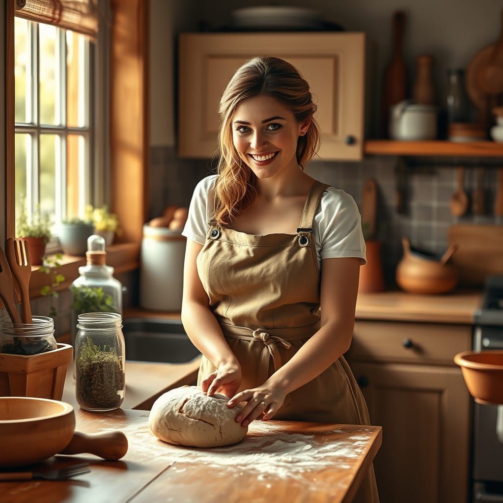 Tradwife Kneading Dough in Cozy Kitchen, Hyperrealistic Styl...