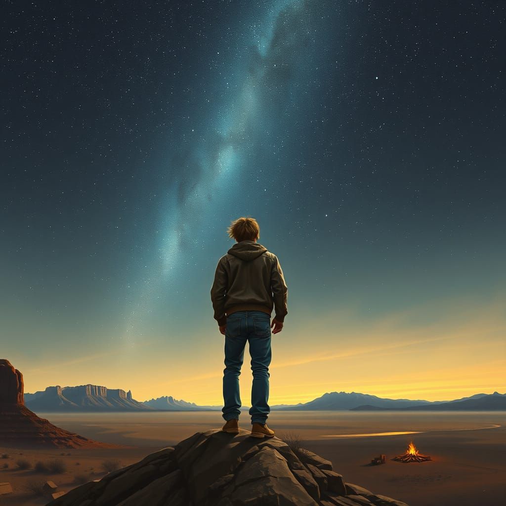 A Lone Cowboy Contemplates the Starry Desert Night