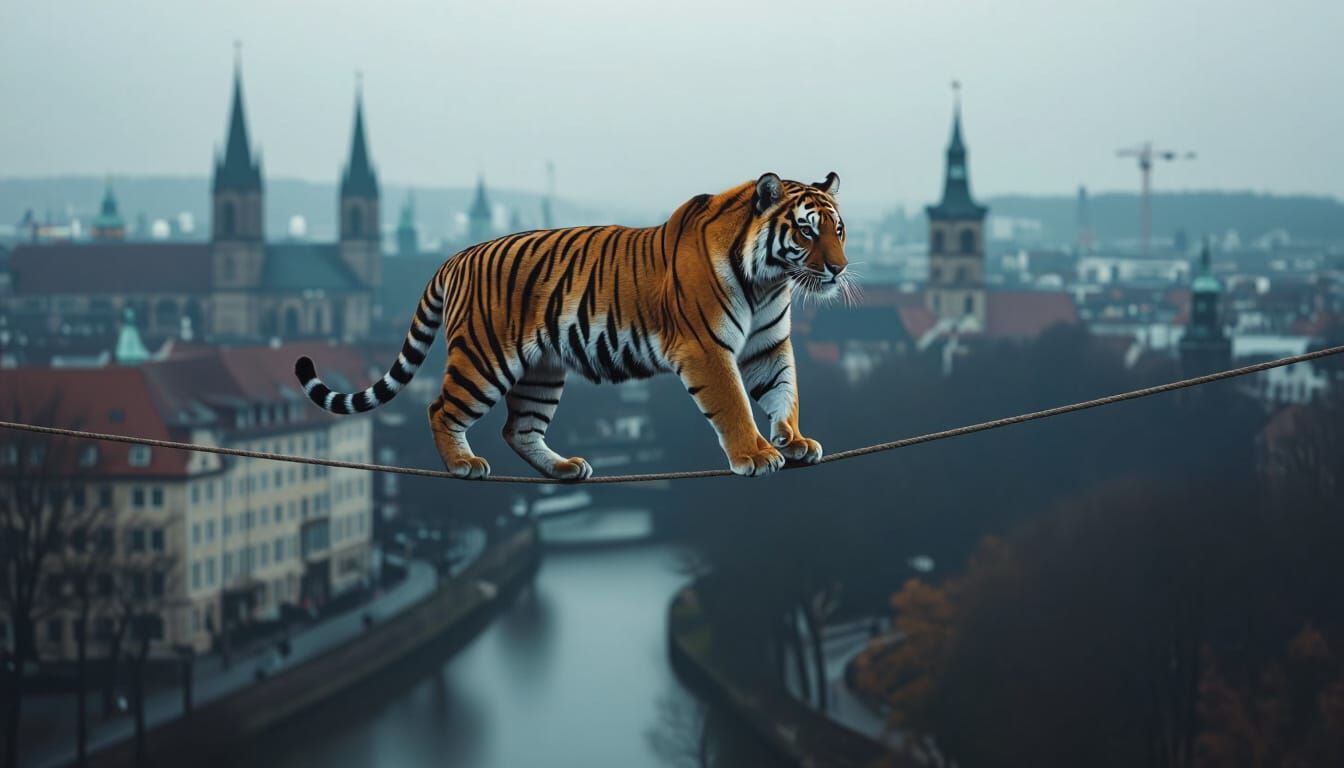 Tiger Balances on Tightrope Above Germany in HDR