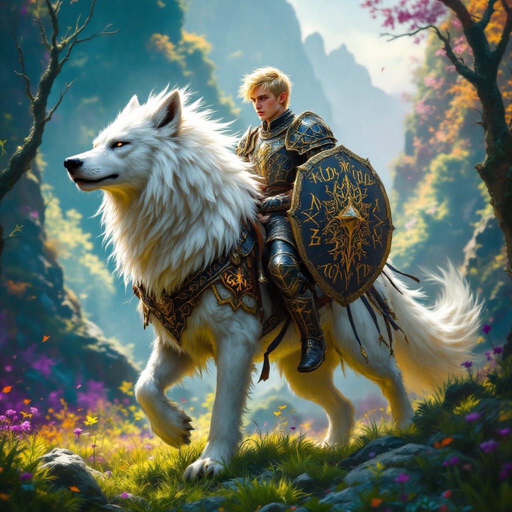Young Warrior Rides Majestic White Fenrir Wolf in a Fantasti...