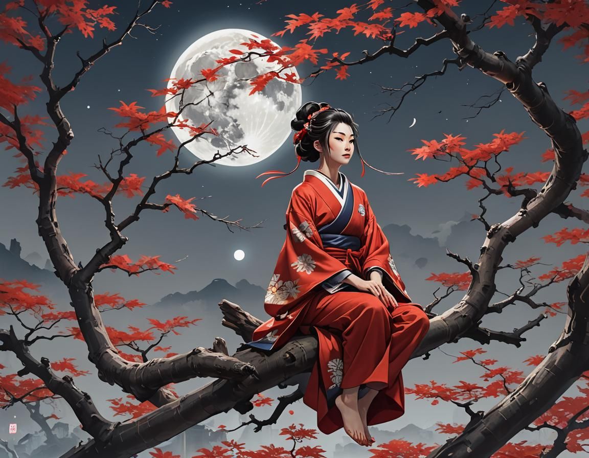 Woman in Kimono: Ukiyo-e Anime Cyberpunk Art