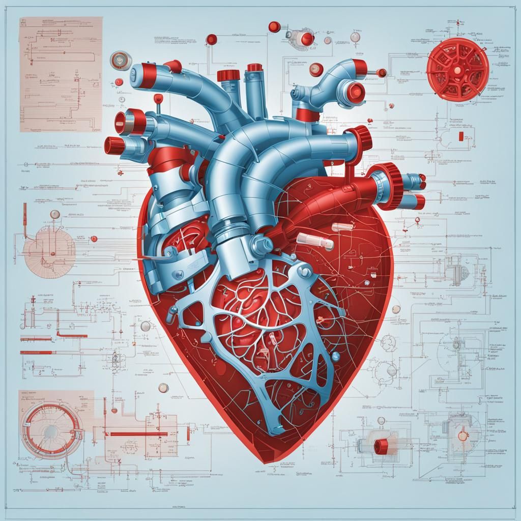 Detailed Technical Schematic Diagram of a Red Heart