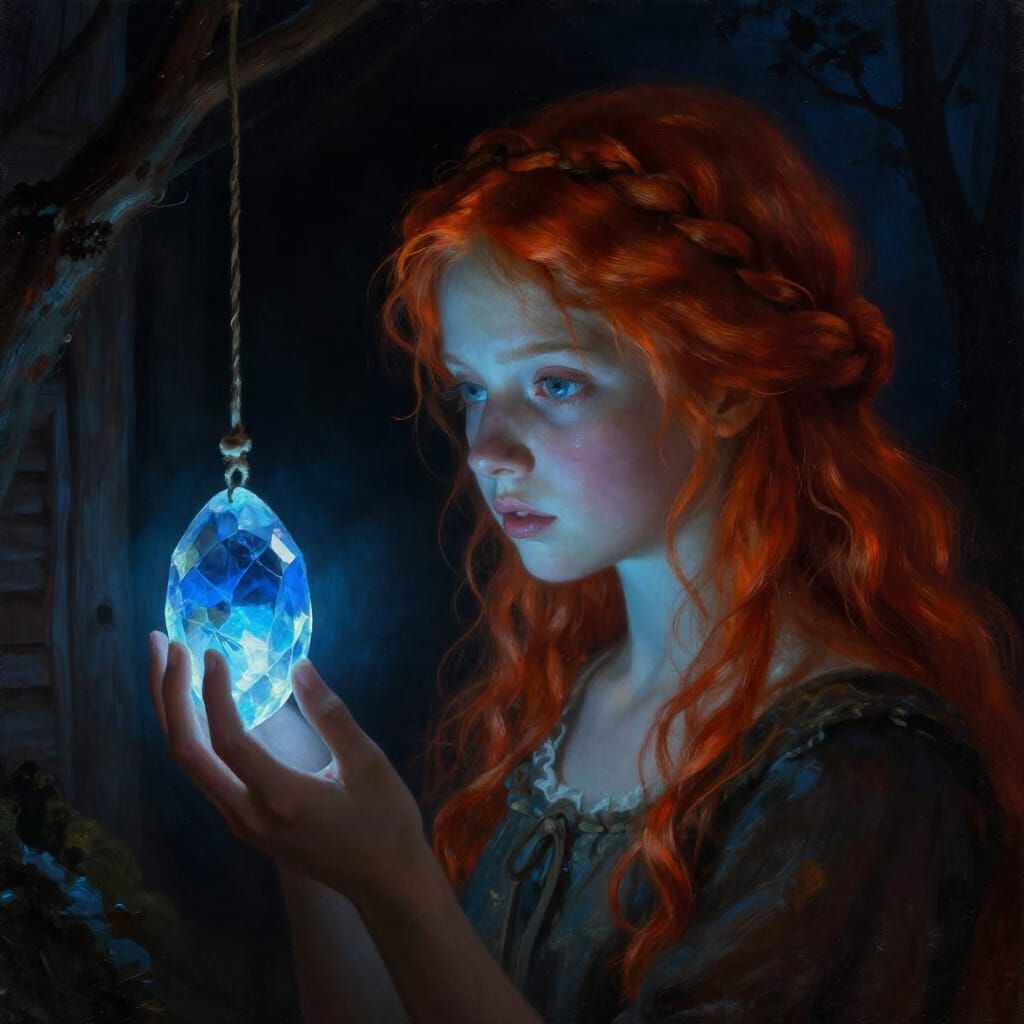 Ethereal Girl with Fiery Hair and Glowing Crystal