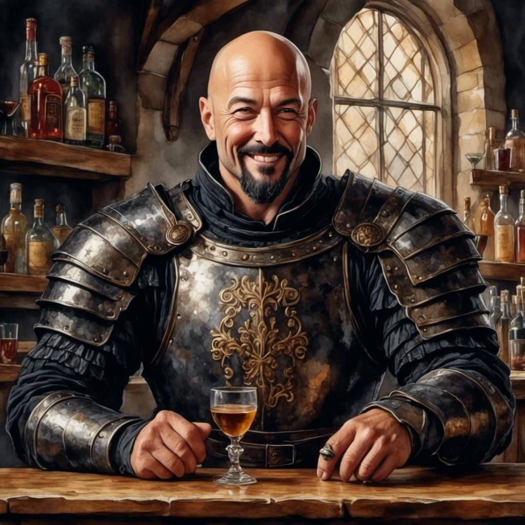 Medieval Bartender in Black Armor Oil Painting